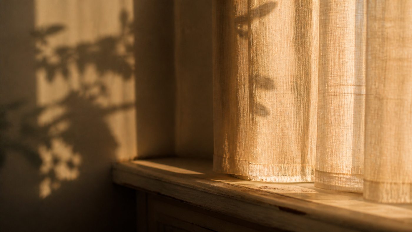 Late afternoon light through a linen curtain, with the shadow of a branch falling across the wall and the windowsill.